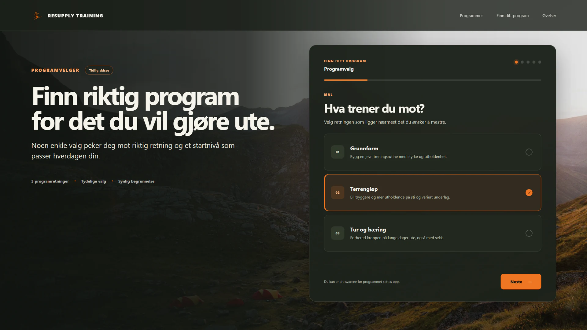 Skisse av programvelgeren med valgene Grunnform, Terrengløp og Tur og bæring