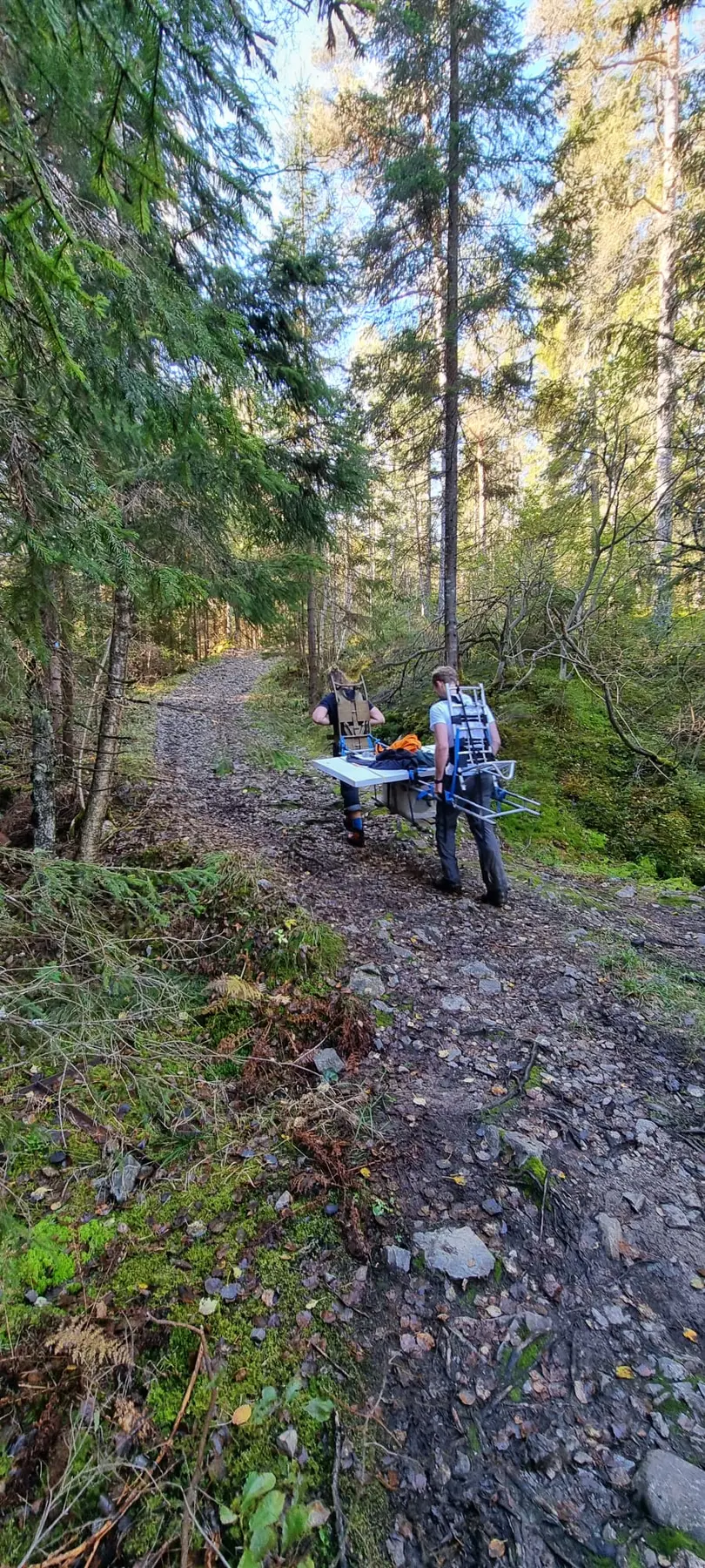 To personer frakter last på skogsvei mot en hytte uten bilvei